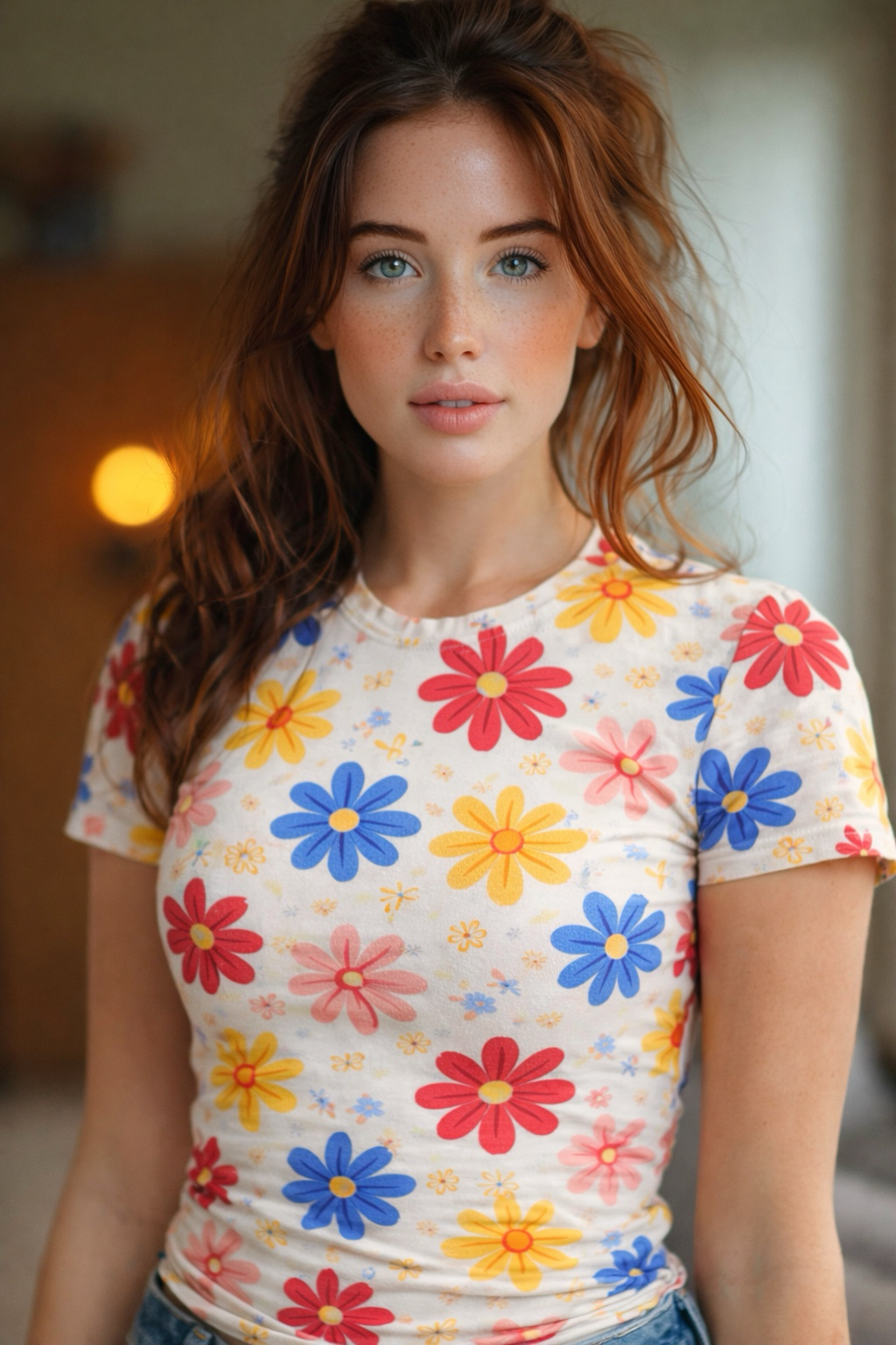 Model i Flower t-shirt — naturligt lys og bløde toner