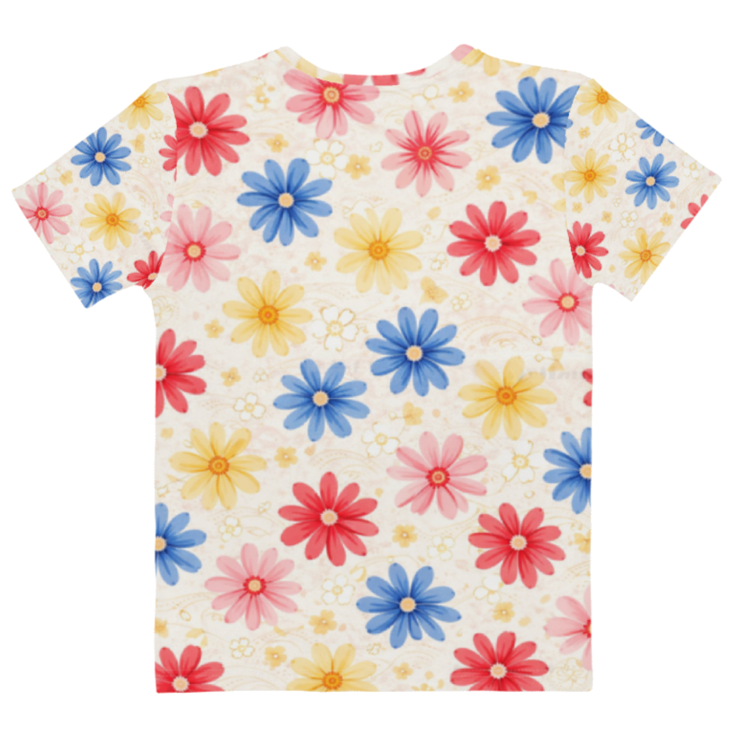 Flower t-shirt fladlagt — detalje af blomsterprintet